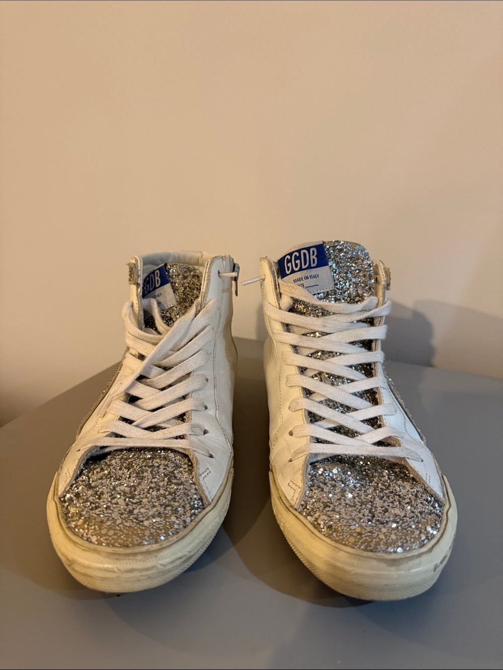 Golden Goose White High-Top Sneakers with Silver Glitter Toe